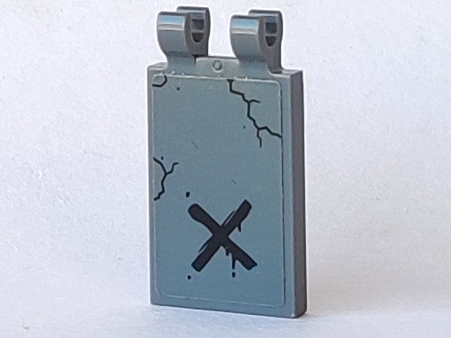 Lego Tile, Modified 2 x 3 with 2 Open O Clips with Black 'X' and Cracks Pattern (Sticker) - Set 60170 / Dark Bluish Gray