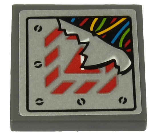 Lego Tile 2 x 2 with Multicolored Wires and Broken Metal Plate with Exclamation Mark and Red Danger Stripes Pattern (Sticker) - Set 70432