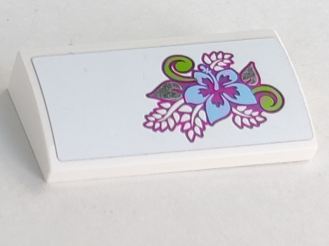 Lego Slope, Curved 2 x 4 x 2/3 with Bottom Tubes with Bright Light Blue, Lime and Magenta Flower and Leaves Pattern (Sticker) - Set 41058