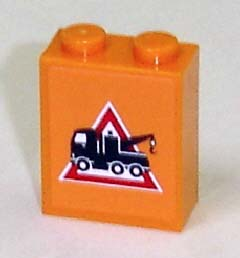 Lego Brick 1 x 2 x 2 with Inside Axle Holder with Tow Truck Danger Sign Pattern Facing Left (Sticker) - Sets 7638 / 7642 / 7686