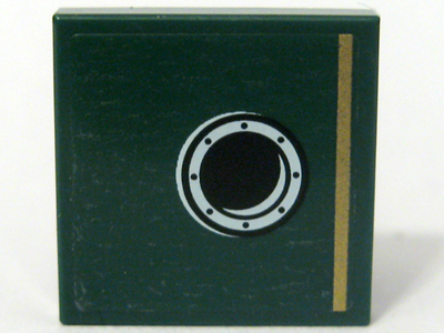 Lego Tile 2 x 2 with Gold Stripe and Porthole Pattern Model Left Side, Right Panel (Sticker) - Set 10194 / Dark Green