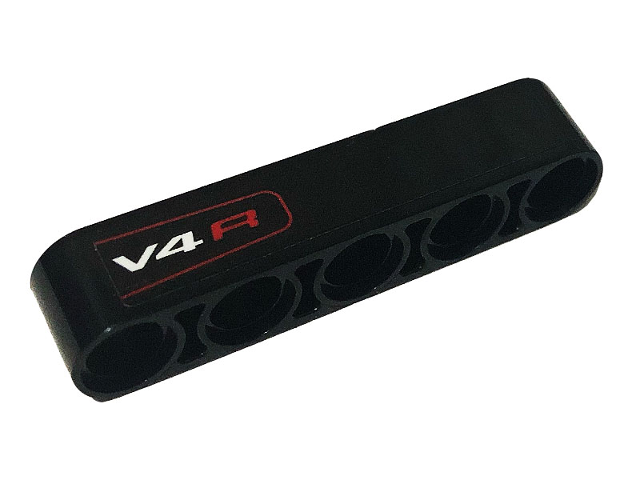 Lego Technic, Liftarm Thick 1 x 5 with 'V4 R' and Red Stripe Pattern (Sticker) - Set 42107 / Black