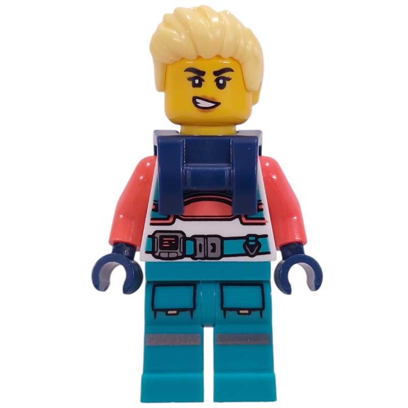 Lego Astronaut, White/Coral Suit, Dark Turquoise Legs, Bright Light Yellow Hair, Harnass