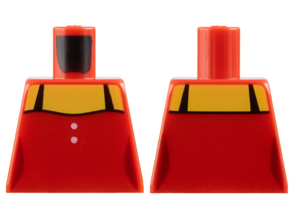 Lego Torso Female Top with 2 White Buttons and Black Straps, Yellow Neck and Shoulders Pattern / Red