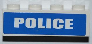 Lego Brick 1 x 4 with White 'POLICE' Short Font on Blue Background Pattern (Sticker) - Sets 7285 / 7288