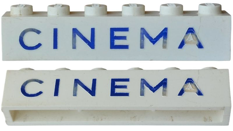 Lego Brick 1 x 6 without Bottom Tubes with Cross Side Supports with Blue 'CINEMA' Sans-Serif Thin (Letters Wide) Pattern