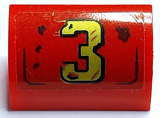 Lego Slope, Curved 1 x 2 with Bottom Stud Holder with Gold Number 3 and Dark Brown Rust Marks Pattern (Sticker) - Set 70436 / Red