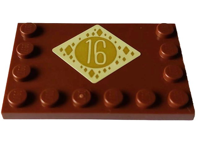 Lego Tile, Modified 4 x 6 with Studs on Edges with Tan Number 16 with Gold Oval and Diamonds Pattern (Sticker) - Set 4002023