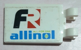 Lego Tile, Modified 2 x 3 with 2 U Clips with 'FR ALL FOR ONE allinol' Pattern Model Right Side (Sticker) - Set 8678