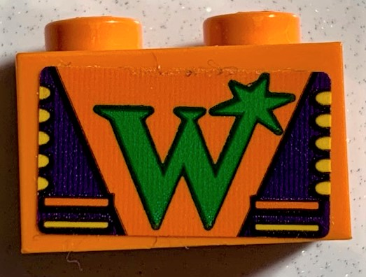 Lego Brick 1 x 2 with Green Letter W and Dark Purple Triangles Pattern (Sticker) - Set 75978 / Orange