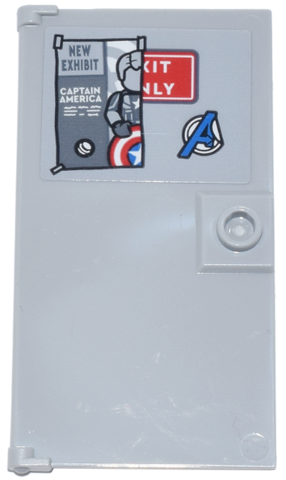 Lego Door 1 x 4 x 6 with Stud Handle with Blue Avengers Logo and Flyer 'NEW EXHIBIT' and 'CAPTAIN AMERICA' Covering Red Exit Only Sign Pattern (Sticker) - Set 76269 / Light Bluish Gray
