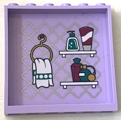 Lego Panel 1 x 6 x 5 with Hanging Towel, Bottles and Tube on Shelves Pattern Model Left Side (Sticker) - Set 41684 / Lavender