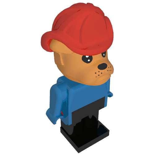 Lego Fabuland Figure Bertie Bulldog with Brown Head, Blue Torso, Arms and Hands, Black Legs and Red Fireman Helmet