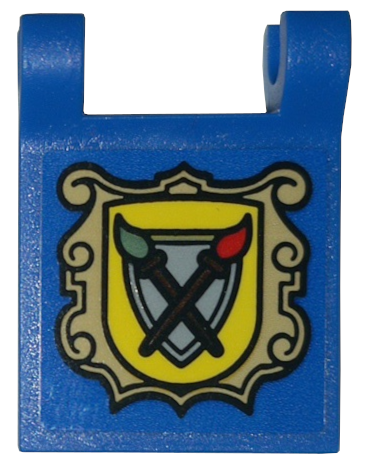 Lego Flag 2 x 2 Square with Flared Edge with Yellow Shield, Dark Tan Frame and Paintbrushes Pattern (Sticker) - Set 10332 / Blue
