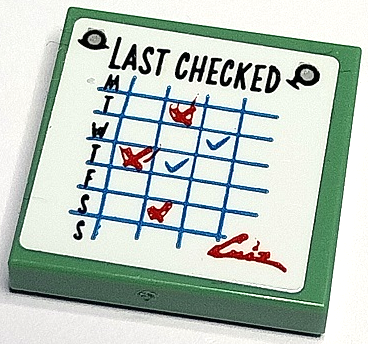 Lego Tile 2 x 2 with Black 'LAST CHECKED', Dark Azure Grid and Check Marks, Red Crosses and Signature Pattern (Sticker) - Set 70430