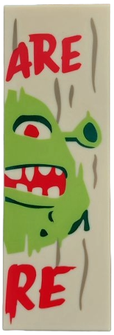 Lego Tile 2 x 6 with Dark Tan Wood Grain, Red 'BEWARE', 'OGRE', Dark Green and Lime Shrek Face Left Half / 'ARE' and 'RE' Pattern / Tan