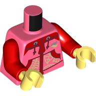 Lego Torso, Hoody, Red Pockets, Laces, Yellowish Green Leaves print, Red Arms, Yellowish Green Hands / Coral