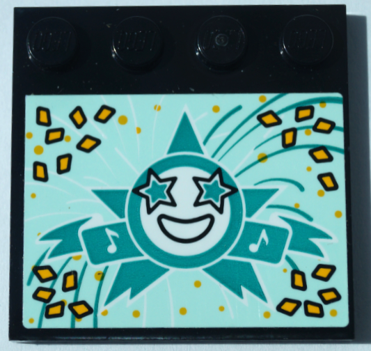 Lego Tile, Modified 4 x 4 with Studs on Edge with Happy Face, Dark Turquoise Stars and Bright Light Orange Diamonds on Light Aqua Background Pattern (Sticker) - Set 41368 / Black