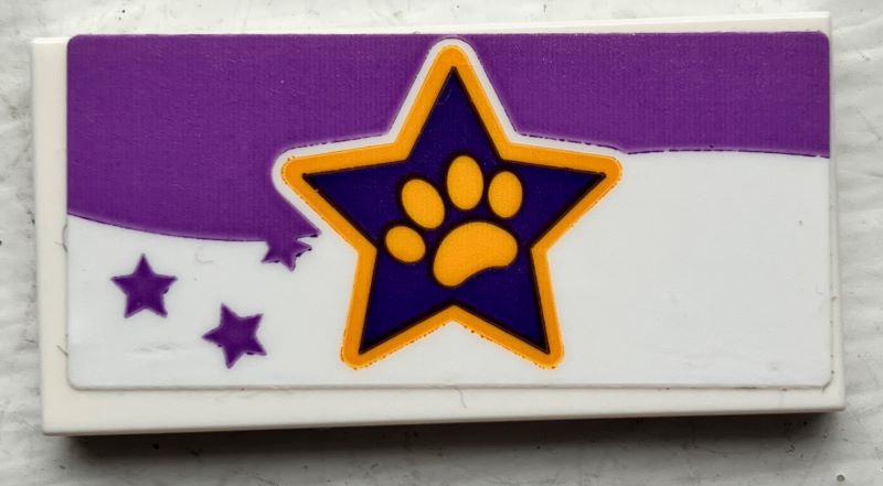 Lego Tile 2 x 4 with Bright Light Orange Paw Print in Dark Purple Star, Medium Lavender Stripe and Stars Pattern (Sticker) - Set 41691