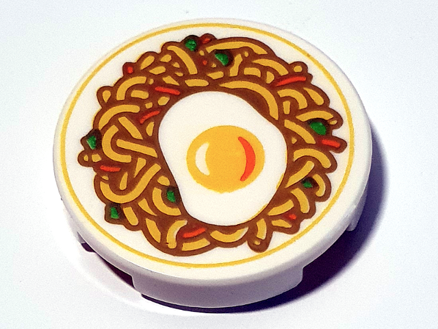 Lego Tile, Round 2 x 2 with Bottom Stud Holder with Fried Egg, Ramen Noodles and Vegetables Pattern / White