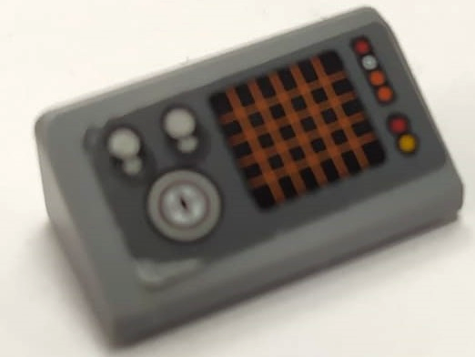 Lego Slope 30 1 x 2 x 2/3 with Switches, Gauge, Lights and Screen with Orange Grid Pattern (Sticker) - Set 70914 / Light Bluish Gray