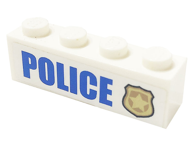 Lego Brick 1 x 4 with Blue 'POLICE' and Gold Police Badge Pattern (Sticker) - Set 60141 / White