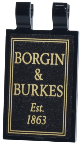 Lego Tile, Modified 2 x 3 with 2 Open O Clips with Tan Sign and 'BORGIN & BURKES Est. 1863' Pattern (Sticker) - Set 76471