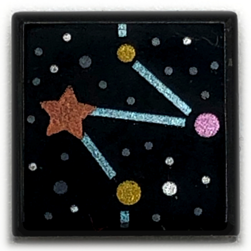 Lego Tile 1 x 1 with Coral/Gold Star, Medium Azure Lines/Constellation Print / Black