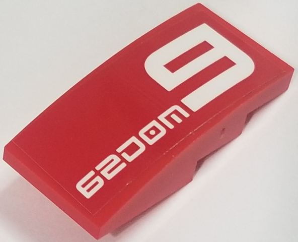 Lego Slope, Curved 4 x 2 with White '62DOM9' on Red Background Pattern (Sticker) - Set 70615 / Red