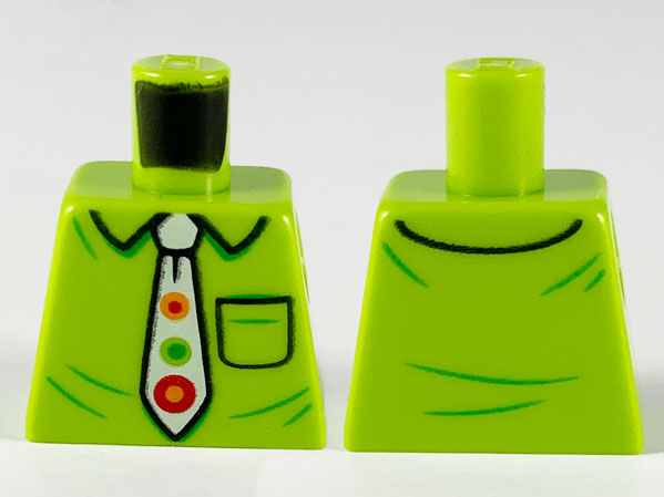 Lego Torso Shirt with Collar and Pocket, White Tie with Orange, Red and Green Spots Pattern / Lime
