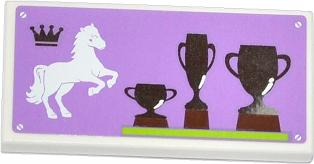 Lego Tile 2 x 4 with Crown, Rearing Horse and 3 Trophies on Medium Lavender Backgound Pattern (Sticker) - Set 3185 / White