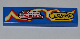 Lego Tile 1 x 4 with 'Zoto Spiik' and 'SLIPPY RACING OIL' over Electric Spark Pattern Model Left Side (Sticker) - Set 8303