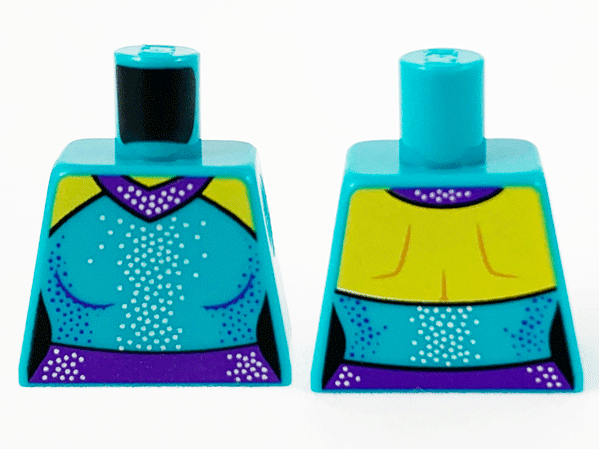 Lego Torso Female Outline Dress, Yellow Shoulders, Dark Purple Collar and Belt, Silver and Dark Purple Dots Pattern / Dark Turquoise