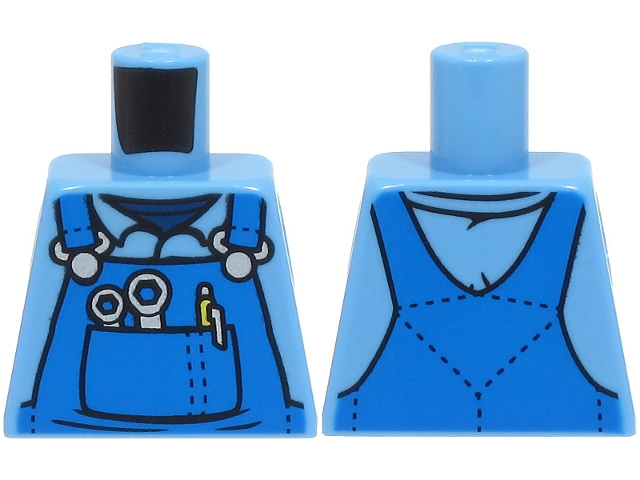 Lego Torso Mechanic Overalls with Silver Wrenches and Fasteners, Yellow Pen, and Dark Blue Undershirt Pattern / Medium Blue