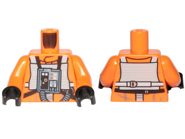 Lego Torso SW Rebel Pilot with Angled Front Panel, Black and White Belts with Buckles on Back Pattern / Orange Arms / Black Hands