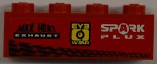 Lego Brick 1 x 4 with 'MAX HEAT EXHAUST' and 'EYE WEAR' and 'SPARK PLUX' and Tire Tracks Pattern (Sticker) - Set 8186