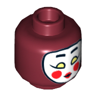 Lego Minifig Head Kabuki Twin, White Kabuki Mask with Eyebrows, Yellowish Green Eyes, Round Red Cheeks and Red Lips Print [Hollow Stud] / Dark Red