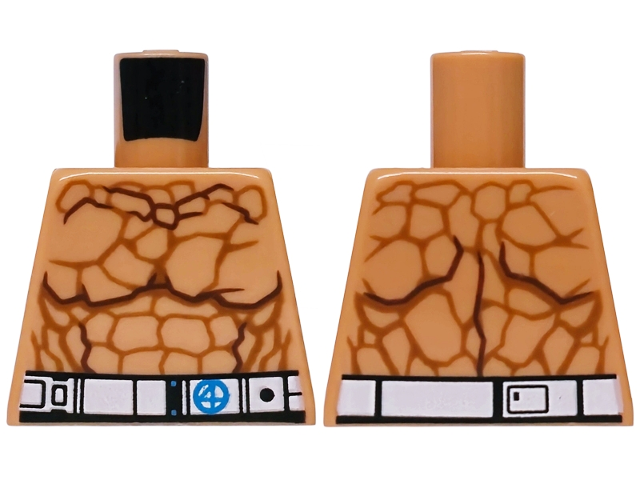 Lego Torso Bare Chest with Reddish Brown Muscles Outline and Dark Orange Cracks, White Belt with Dark Azure Fantastic Four Emblem with Number 4 Pattern