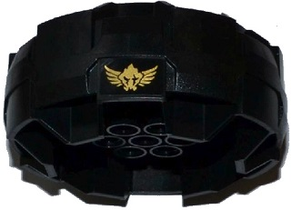 Lego Wheel Hard Plastic, Treaded with 7 Pin Holes and 6 Bar Holes with Gold Gorilla Head with Wings Pattern (Sticker) - Set 70747 / Black