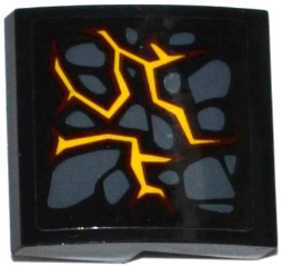 Lego Slope, Curved 2 x 2 x 2/3 with Dark Bluish Gray Stones and Dark Red and Bright Light Orange Cracks Pattern Model Left Side (Sticker) - Set 70316 / Black
