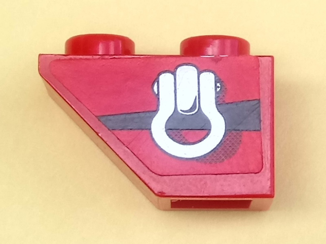 Lego Slope, Inverted 45 2 x 1 with Silver Clevis Shackle Loop, Black Stripe Pattern Model Left Side (Sticker) - Set 8863