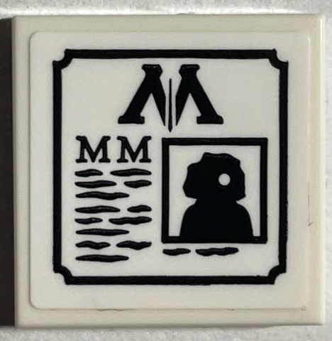 Lego Tile 2 x 2 with Newspaper with Black Capital Letter M (Ministry of Magic Logo), Writing and Minifigure Silhouette Pattern (Sticker) - Set 76403 / White