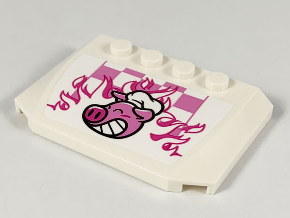 Lego Wedge 4 x 6 x 2/3 Triple Curved with Dark Pink and Magenta Pigsey and Flames Logo Pattern (Sticker) - Set 80009