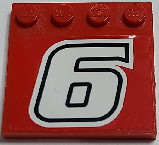 Lego Tile, Modified 4 x 4 with Studs on Edge with White Number 6 with Black Outline Pattern (Sticker) - Set 8157 / Red