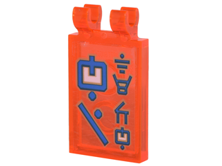 Lego Tile, Modified 2 x 3 with 2 Clips with Blue Ninjago Logogram 'HI TECH' Pattern (Sticker) - Set 70620 / Trans-Neon Orange