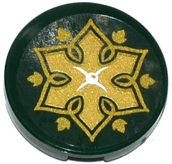 Lego Tile, Round 2 x 2 with Bottom Stud Holder with Cushion with White Button, Gold Flower and Leaves on Transparent Background Pattern (Sticker) - Set 41075 / Dark Green