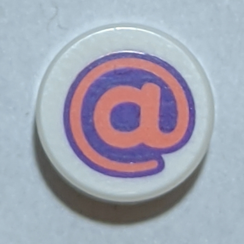 Lego Tile Round 1 x 1 with Bright Pink '@' on Dark Purple Background Print / White