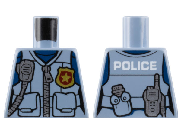 Lego Torso Female Police Flak Vest Closed with Silver Zipper and Gold Badge over Dark Blue Shirt, Radio, Canteen, White 'POLICE' on Back Pattern / Sand Blue