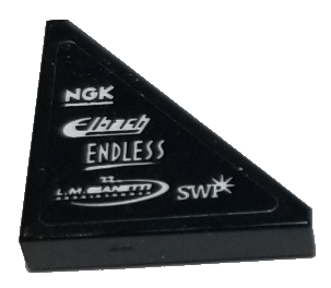 Lego Tile, Modified 2 x 2 Triangular with White 'NGK', 'Elbach', 'ENDLESS', 'L.M. GRANETTI', and 'SWP' Pattern Model Right Side (Sticker) - Set 75885 / Black