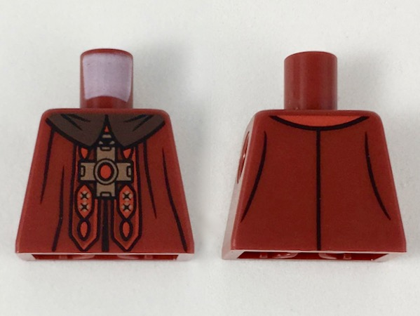 Lego Torso Dark Brown Collar, Gold Cross with Red Center, Red and Gold Design Pattern / Dark Red